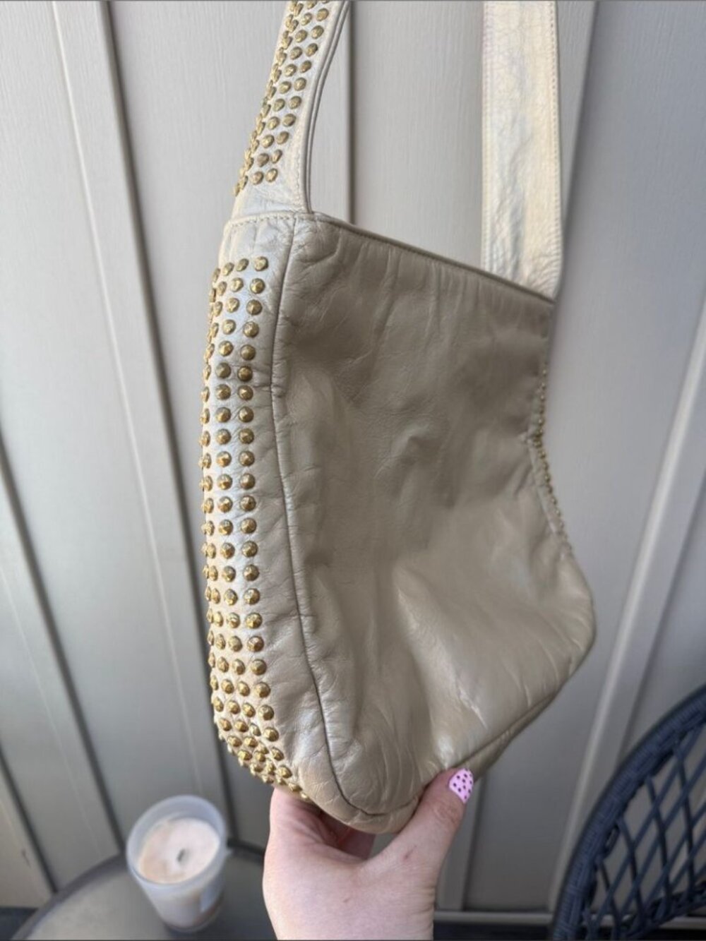 PINKY Genuine Leather Studded Metallic Cream Shoulder / Crossbody Bag - Picture 2 of 11